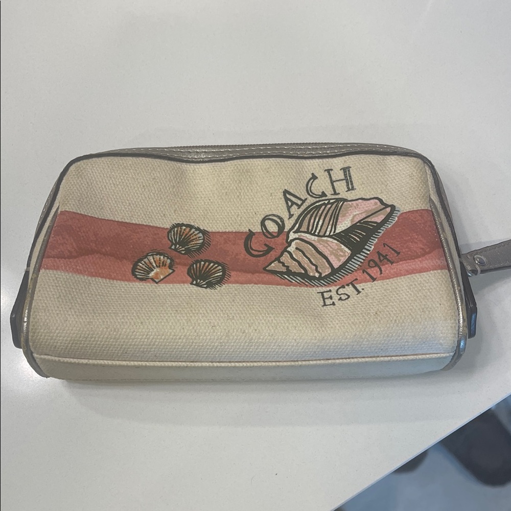 Canvas Cosmetic Pouch in Cream with Coral Stripe and Shell Motif